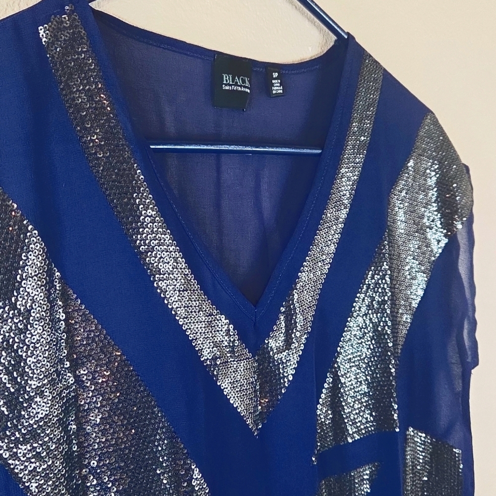 Black Saks Fifth Avenue Blue Blouse with Silver Sequins S/P
